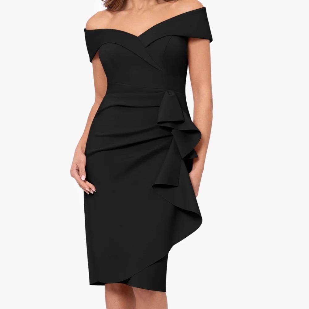Xscape- Ruffle Off the Shoulder Scuba Knit Cocktail Dress
